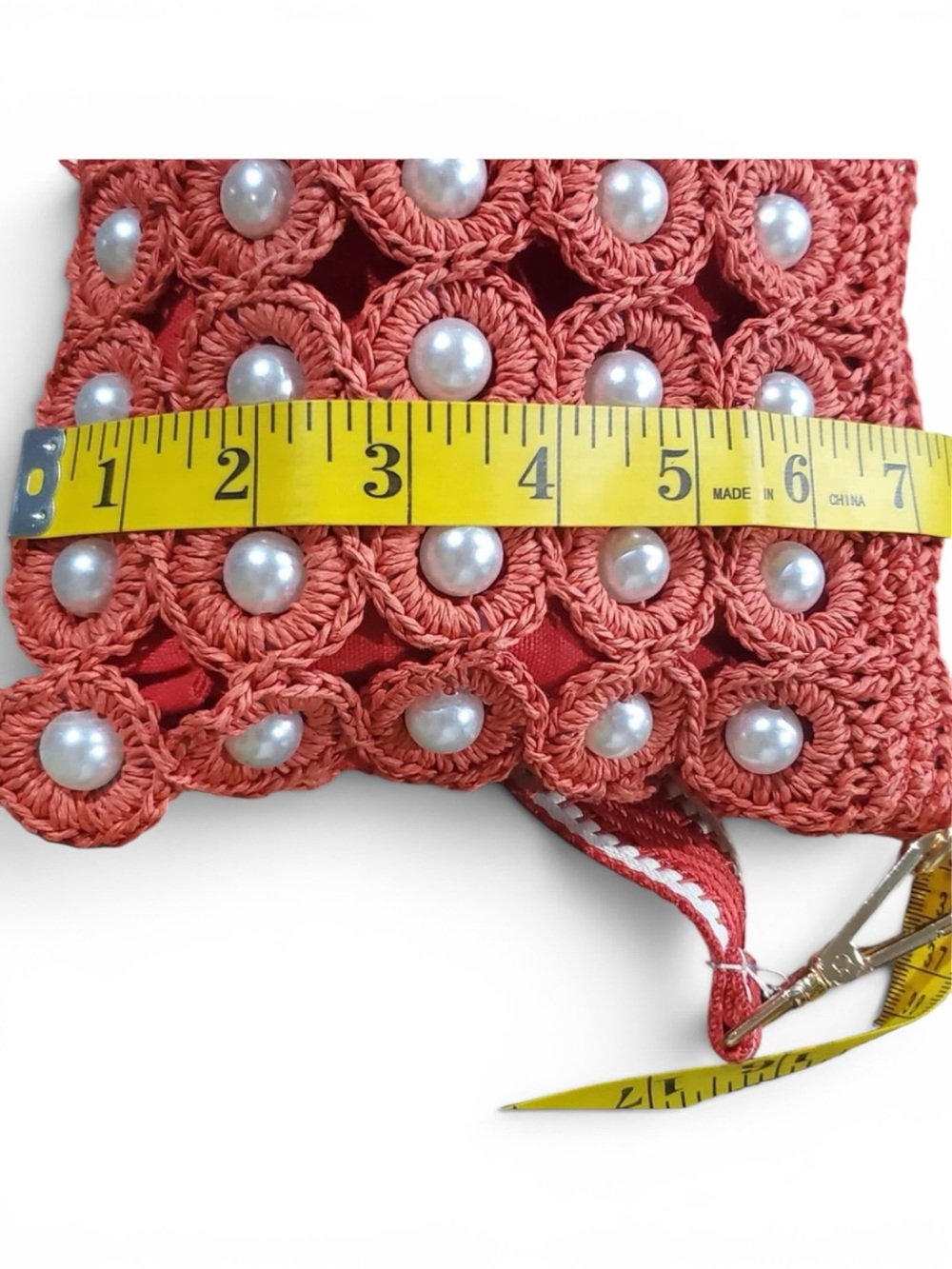 Sharif Red Crochet Pearl Shoulder Bag with Charm Accent - Picture 9 of 11